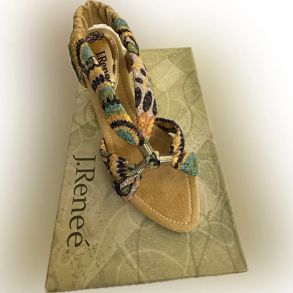 J.Renee Women's Sandals Heels Yolanda Yellow Lime Multi Eyelet Fabric Dressy NWT - Picture 6 of 16